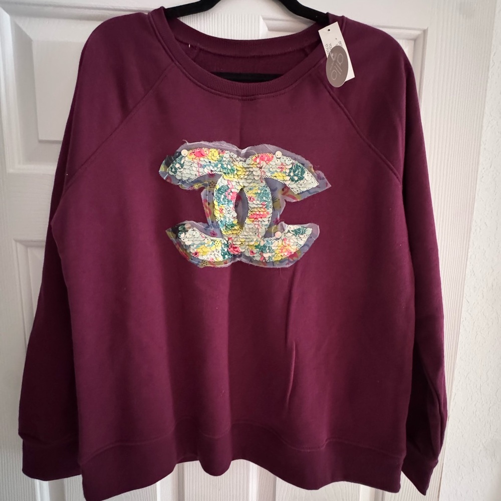 Plum Chanel Crew Neck with Sequin Logo